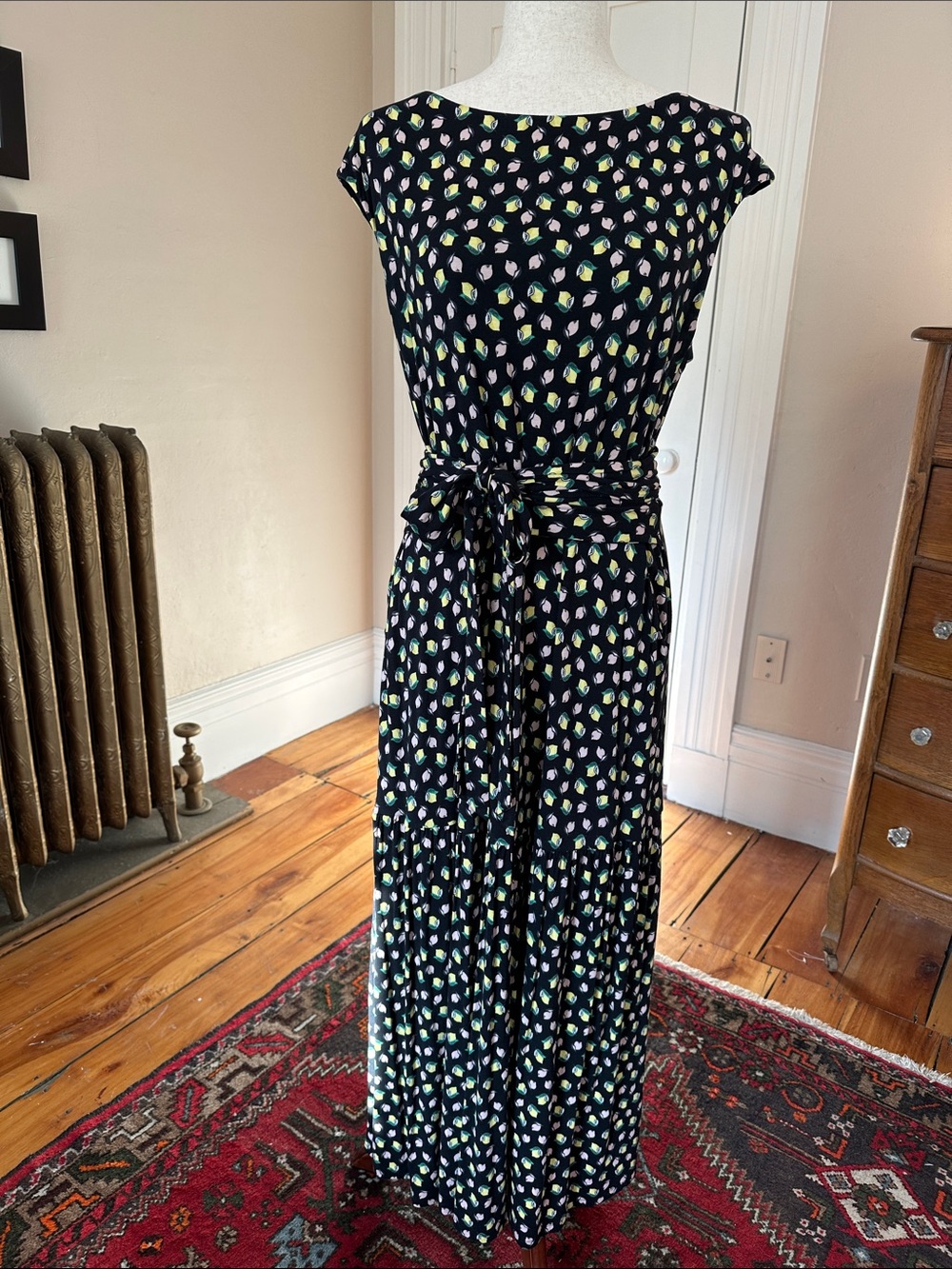 Boden Lemon Print Tie Waist Jersey Maxi Dress